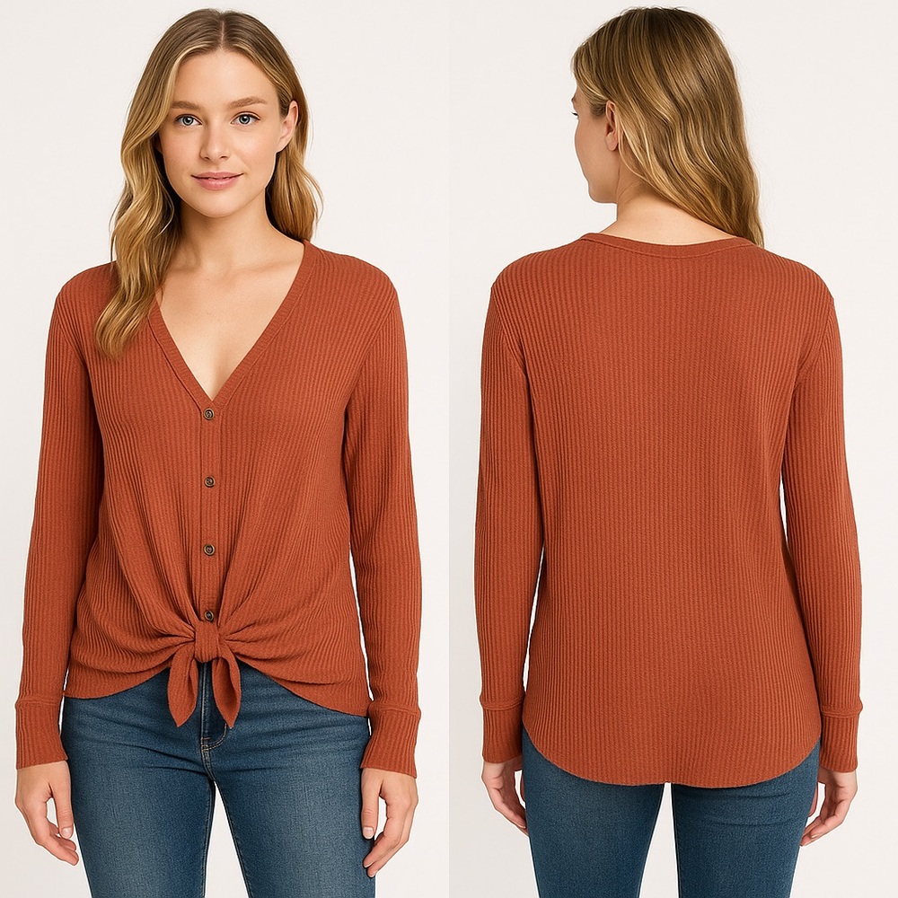 Abercrombie & Fitch Warm Rust Hacci Ribbed Knit Tie Front V Neck Button Down